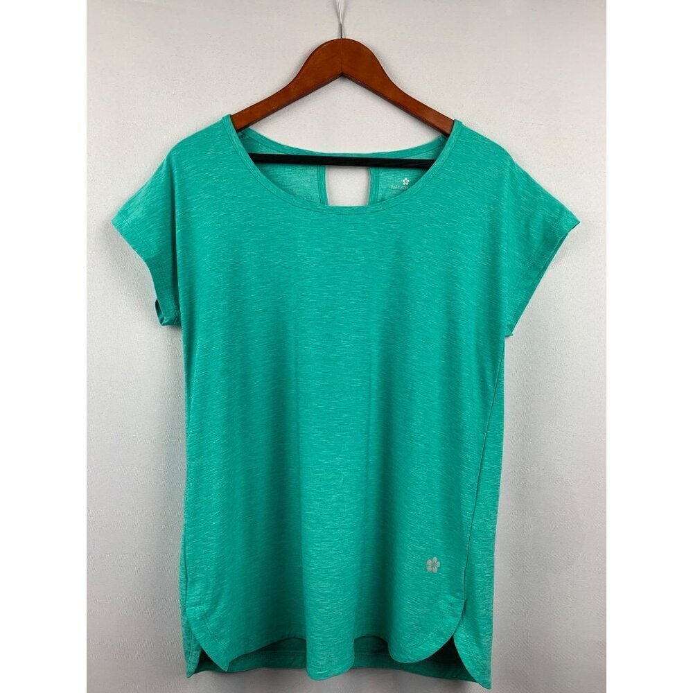 Tuff Athletics Womens Turquoise Athletic Top Loose Fit Keyhole Back Moisture Wic